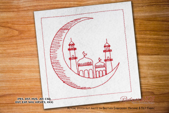 Crescent Moon with Mosque Redwork Embroidery